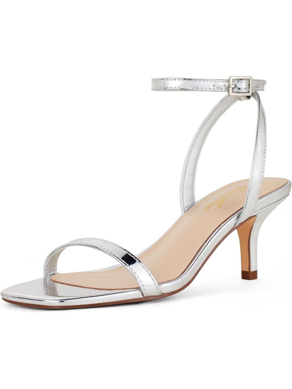 Women's Silver Square Open Toe Kitten Ankle Strap Sandals Strappy Low Heels